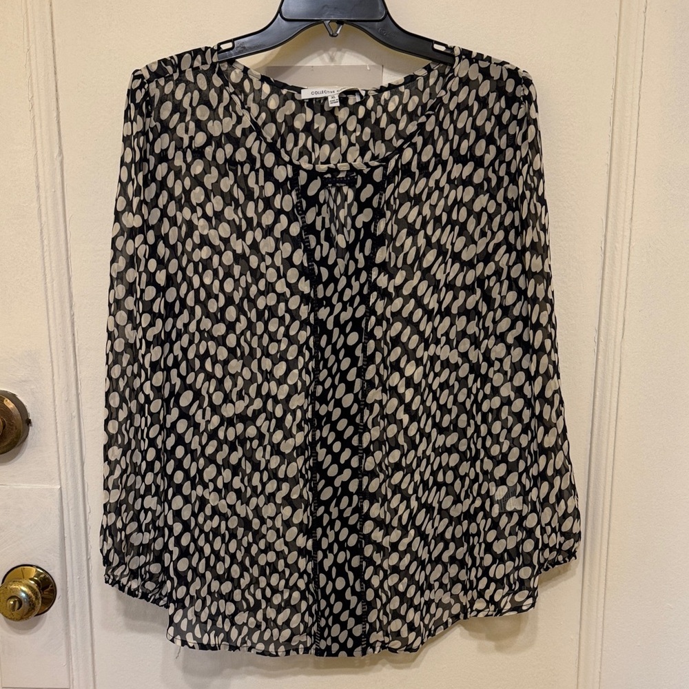 Collective Concepts Navy and White Dot-Print Sheer Blouse